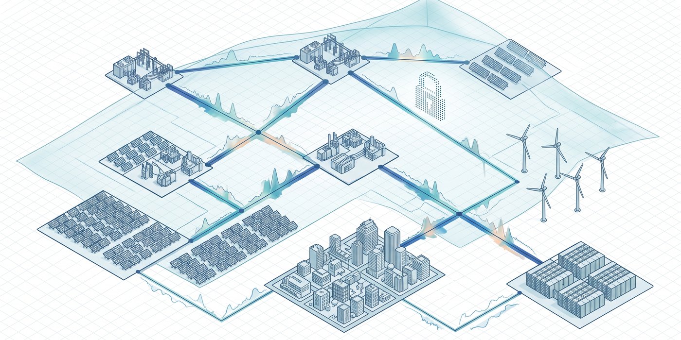 Isometric schematic of a power delivery system: generation, transmission, solar, wind, storage and a city