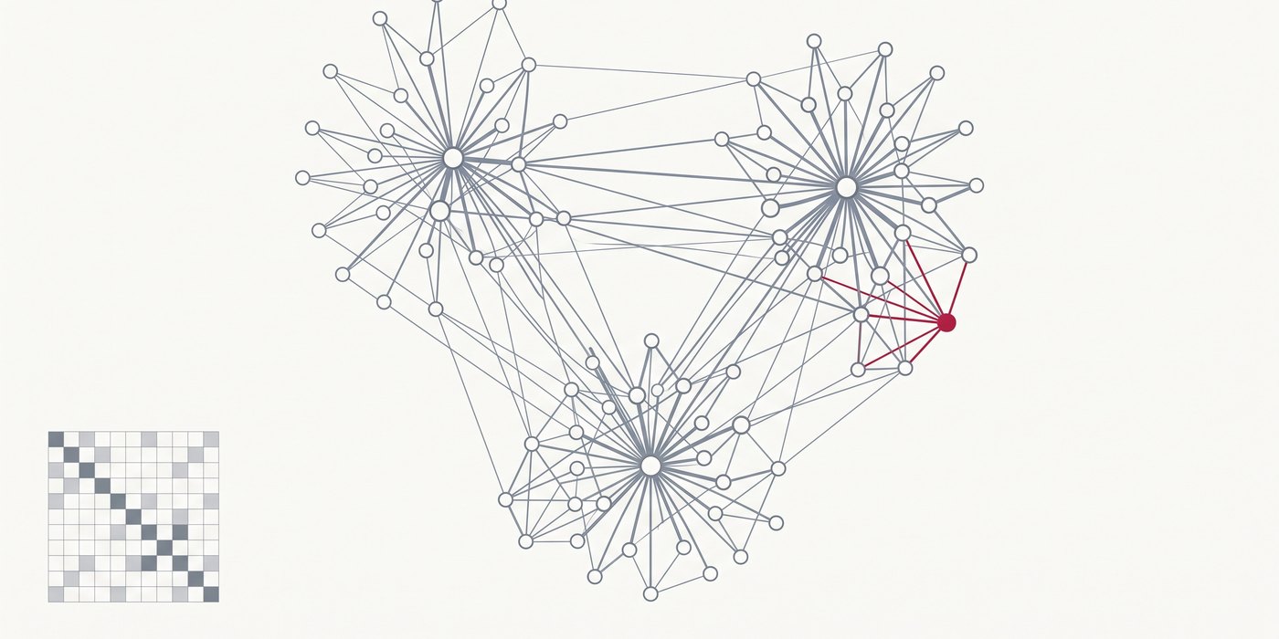 A clustered network of nodes and edges with one highlighted hub, beside a sparse adjacency matrix